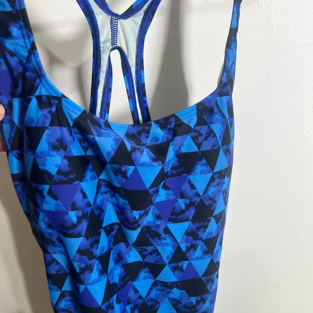 Speedo Blue Geometric One-Piece Swimsuit - Size 10 - Picture 4 of 5